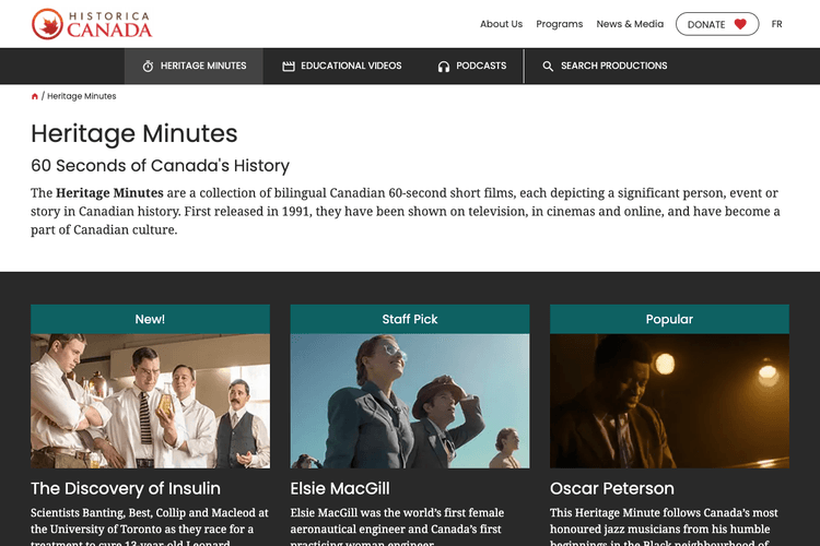 Heritage Minutes screen